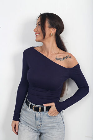 Kadın Kayık Yaka Tek Omuz Uzun Kollu Buzzy Bluz