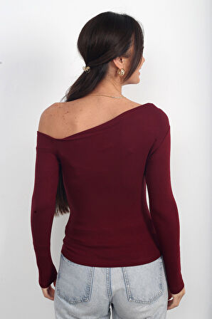 Kadın Kayık Yaka Tek Omuz Uzun Kollu Buzzy Bluz