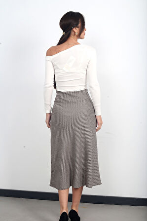 Kadın Beli Lastikli Mini Kazayağı Desenli Midi Çan Etek