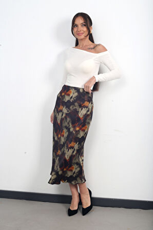 Kadın Beli Lastikli Batik Desen Uzun Saten Etek