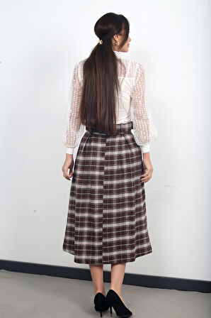 Kadın Beli Kemerli Cepli Ekose Kaşe Etek