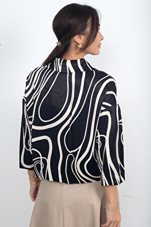 Kadın Metal Düğmeli Geometrik Desen Saten Gömlek