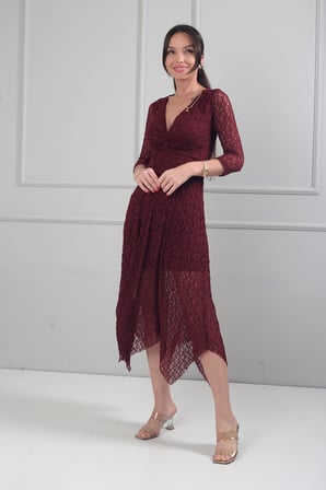 Kadın Önü Düğüm Detaylı Astarlı Etekleri Asimetrik Dantel Midi Elbise