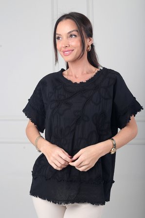 Kadın Dantel Nakış İşlemeli Astarlı Salaş İtalyan Cotton Bluz