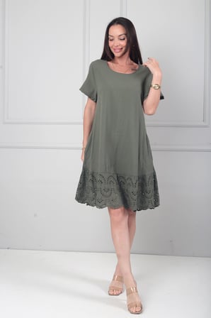 Kadın İtalyan Kısa Kollu Eteği Fisto Astarlı Cepli Cotton Midi Elbise