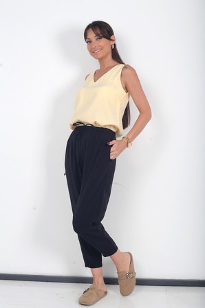 Kadın Beli Lastikli Cepli İtalyan Cotton Lyocell Şalvar Pantolon