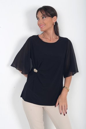 Kadın Toka Detaylı Şifon Kollu Likralı Sandy Bluz