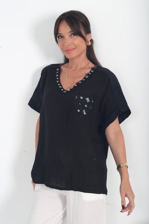 Kadın İtalyan Keten Zınmbalı V Yaka Tek Cepli Omuzlar Nakış İşlemeli Oversize Cotton Bluz