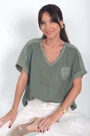 Kadın İtalyan Keten Zınmbalı V Yaka Tek Cepli Omuzlar Nakış İşlemeli Oversize Cotton Bluz