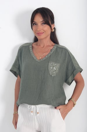 Kadın İtalyan Keten Zınmbalı V Yaka Tek Cepli Omuzlar Nakış İşlemeli Oversize Cotton Bluz