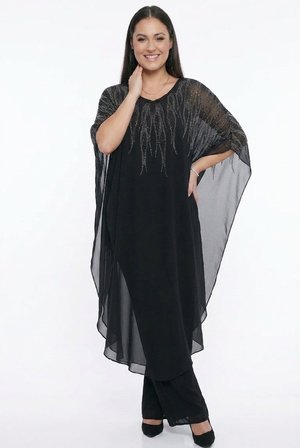 Kadın Ön Arka V Yaka Üstü Şifon Taş Detaylı Bol Paça Büyük Beden Likralı Sandy Tulum