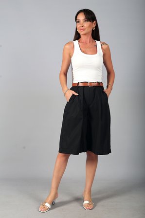 Kadın Beli Lastikli Cepli Diz Altı Bermuda İtaly Cotton Şort