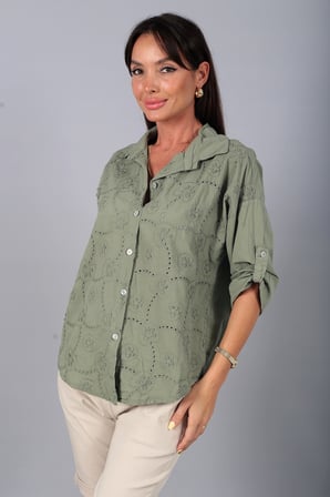 Kadın İtalyan Cotton Mini Çiçek Nakış İşlemeli Gömlek