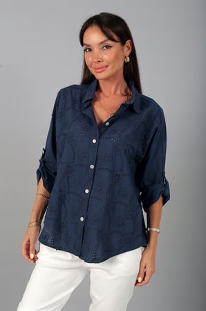 Kadın İtalyan Cotton Mini Çiçek Nakış İşlemeli Gömlek