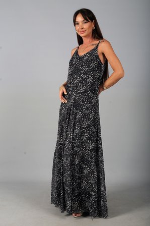 Kadın İp Askılı Astarlı Leopar Desenli Tül Uzun Elbise