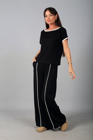 Kadın Geniş Yaka Bluz Beli Lastikli Cepli Bol Paça Pantolon Biyeli Modal 2'li Takım
