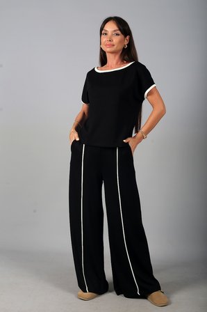 Kadın Geniş Yaka Bluz Beli Lastikli Cepli Bol Paça Pantolon Biyeli Modal 2'li Takım