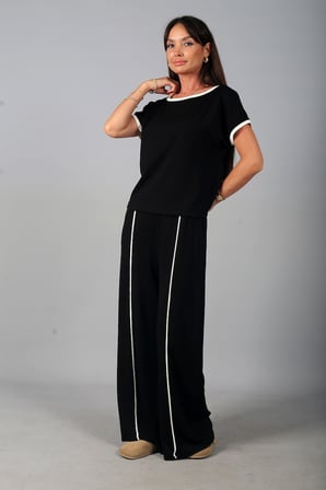 Kadın Geniş Yaka Bluz Beli Lastikli Cepli Bol Paça Pantolon Biyeli Modal 2'li Takım