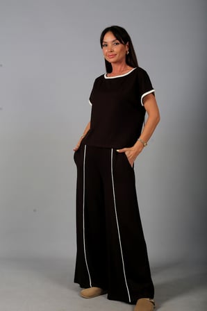 Kadın Geniş Yaka Bluz Beli Lastikli Cepli Bol Paça Pantolon Biyeli Modal 2'li Takım