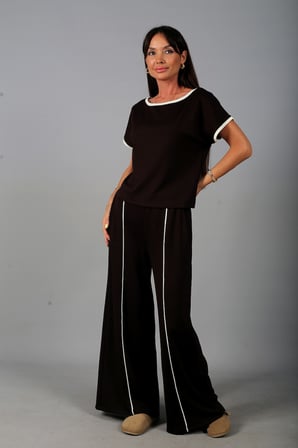 Kadın Geniş Yaka Bluz Beli Lastikli Cepli Bol Paça Pantolon Biyeli Modal 2'li Takım