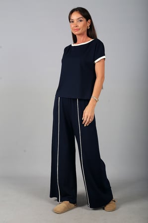 Kadın Geniş Yaka Bluz Beli Lastikli Cepli Bol Paça Pantolon Biyeli Modal 2'li Takım