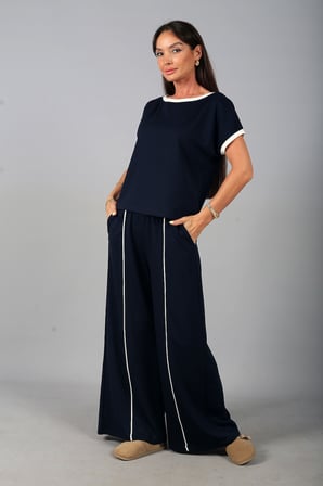 Kadın Geniş Yaka Bluz Beli Lastikli Cepli Bol Paça Pantolon Biyeli Modal 2'li Takım