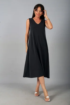 Kadın V Yaka Ön Pervazlı Pike Kumaş Kolsuz Oversize Midi Elbise