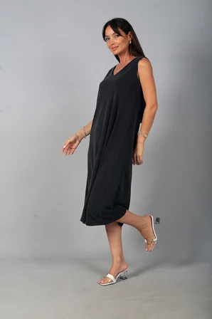 Kadın V Yaka Ön Pervazlı Pike Kumaş Kolsuz Oversize Midi Elbise