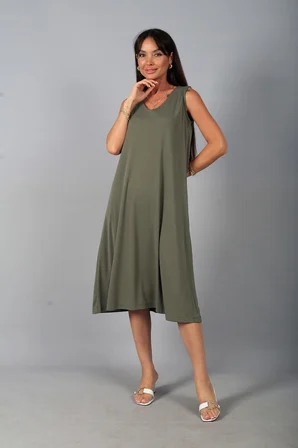 Kadın V Yaka Ön Pervazlı Pike Kumaş Kolsuz Oversize Midi Elbise