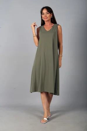 Kadın V Yaka Ön Pervazlı Pike Kumaş Kolsuz Oversize Midi Elbise