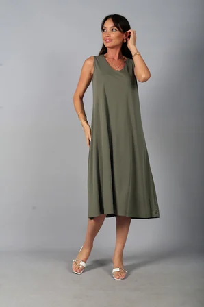 Kadın V Yaka Ön Pervazlı Pike Kumaş Kolsuz Oversize Midi Elbise