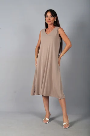 Kadın V Yaka Ön Pervazlı Pike Kumaş Kolsuz Oversize Midi Elbise