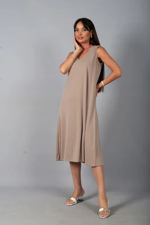 Kadın V Yaka Ön Pervazlı Pike Kumaş Kolsuz Oversize Midi Elbise