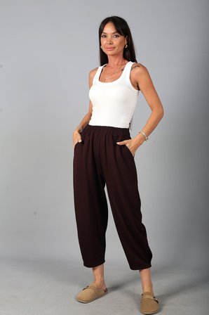 Kadın Beli Lastikli Cepli Paça Tutturmalı Modal Pantolon