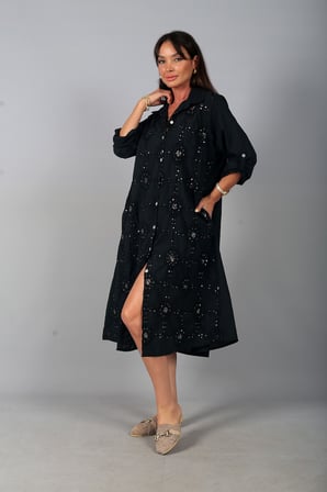 Kadın İtalyan Cotton Cepli Kabartma Nakışlı Pullu Oversize Uzun Elbise