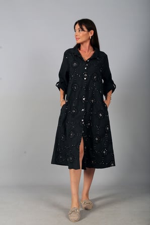 Kadın İtalyan Cotton Cepli Kabartma Nakışlı Pullu Oversize Uzun Elbise