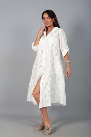 Kadın İtalyan Cotton Cepli Kabartma Nakışlı Pullu Oversize Uzun Elbise
