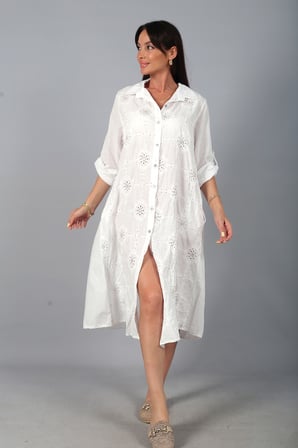 Kadın İtalyan Cotton Cepli Kabartma Nakışlı Pullu Oversize Uzun Elbise