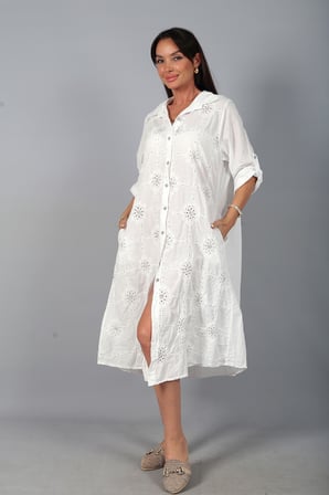Kadın İtalyan Cotton Cepli Kabartma Nakışlı Pullu Oversize Uzun Elbise