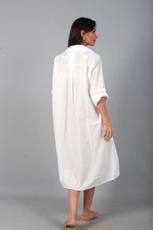 Kadın İtalyan Cotton Cepli Kabartma Nakışlı Pullu Oversize Uzun Elbise