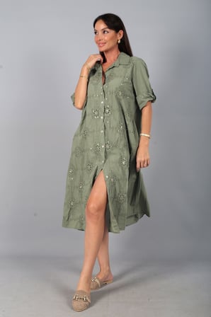 Kadın İtalyan Cotton Cepli Kabartma Nakışlı Pullu Oversize Uzun Elbise