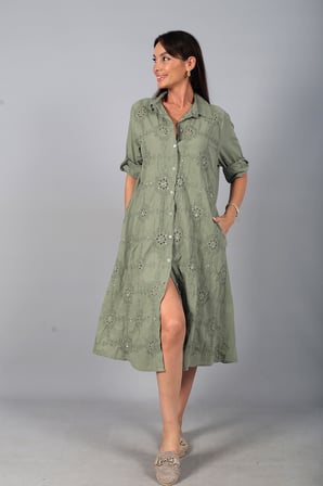 Kadın İtalyan Cotton Cepli Kabartma Nakışlı Pullu Oversize Uzun Elbise