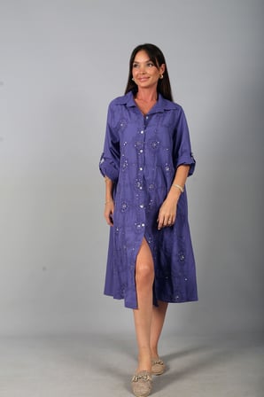 Kadın İtalyan Cotton Cepli Kabartma Nakışlı Pullu Oversize Uzun Elbise