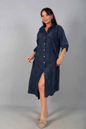 Kadın İtalyan Cotton Cepli Kabartma Nakışlı Pullu Oversize Uzun Elbise