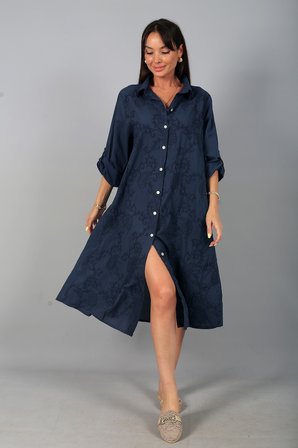 Kadın İtalyan Cotton Cepli Kabartma Nakışlı Pullu Oversize Uzun Elbise