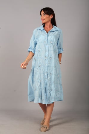 Kadın İtalyan Cotton Cepli Kabartma Nakışlı Pullu Oversize Uzun Elbise