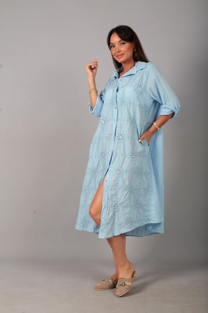 Kadın İtalyan Cotton Cepli Kabartma Nakışlı Pullu Oversize Uzun Elbise