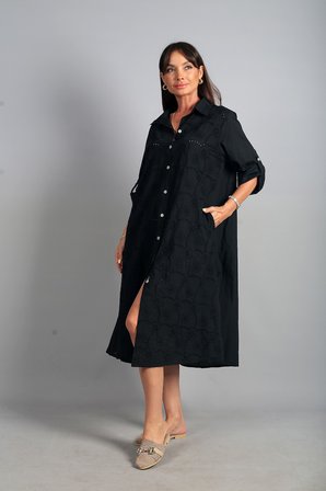Kadın İtalyan Cotton Cepli Kabartma Çiçek Nakış İşlemeli Oversize Uzun Elbise