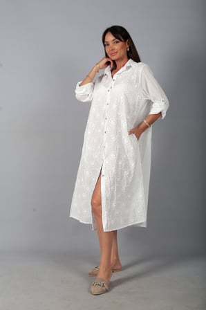 Kadın İtalyan Cotton Cepli Kabartma Çiçek Nakış İşlemeli Oversize Uzun Elbise