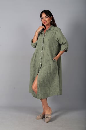 Kadın İtalyan Cotton Cepli Kabartma Çiçek Nakış İşlemeli Oversize Uzun Elbise